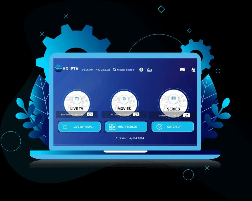 Xtreme HD IPTV app on a laptop with Live TV, Movies, Series, EPG, Multi-Screen and Catch Up